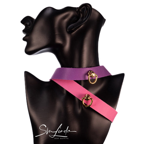 SiaLinda: Halsband Vacchetta Leder aus Italien violett purple, goldener O-Ring, Premium, Geschenkverpackung - SiaLinda.com